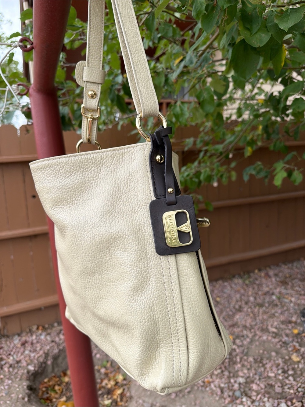 Valentina Cream Leather Shoulder Bag with Black Accent